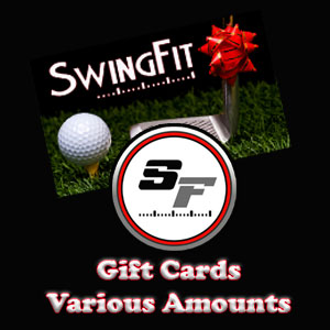 Gift card image featuring a golf club and ball, labeled "SwingFit Gift Cards Various Amounts," with a red bow on the club.