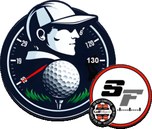 Illustration of a golfer's profile with a golf ball superimposed on a speedometer, evoking the precision of a Distance Clinic. An SF logo with Golf Digest awards from 2019, 2021, and 2022 is prominently displayed in front.