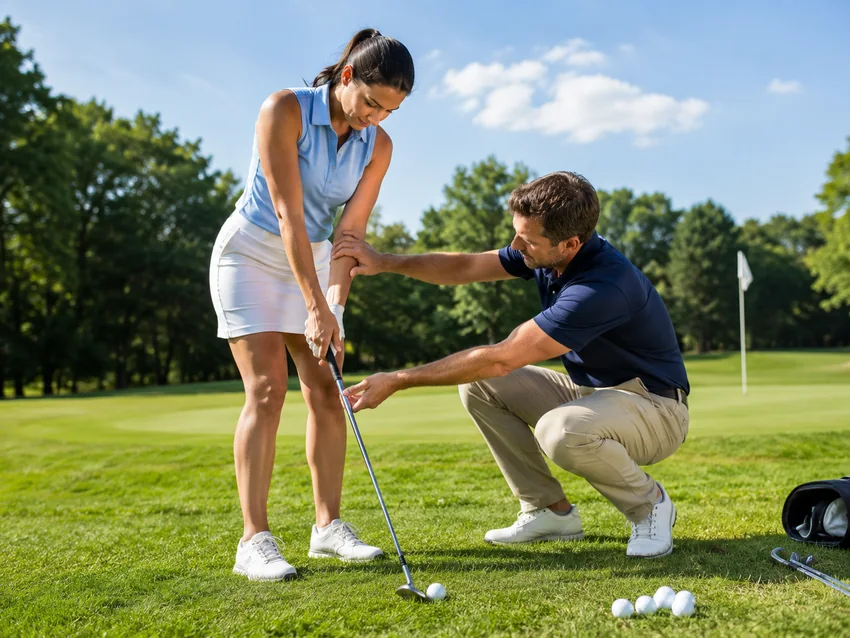 Golf coach helping a golfer at the practice area