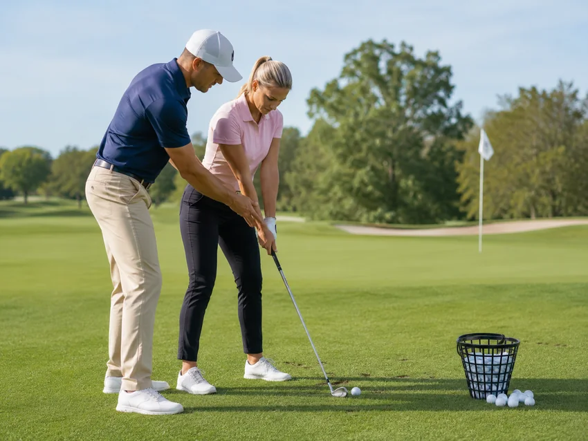 Golf coach guiding a golfer's putting stroke