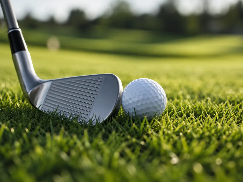 Wedge and golf ball on grass