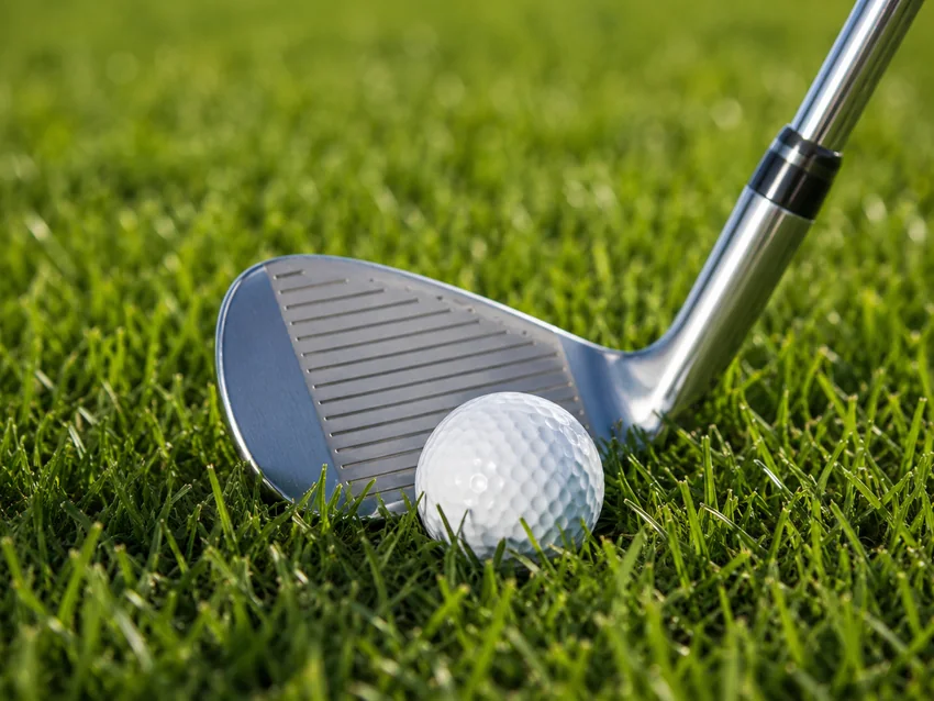 Golf iron and ball on grass