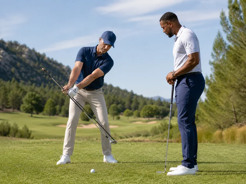 Golfer addressing a ball with an iron