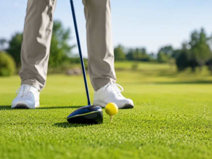 Top-down view of a golfer lining up a putt
