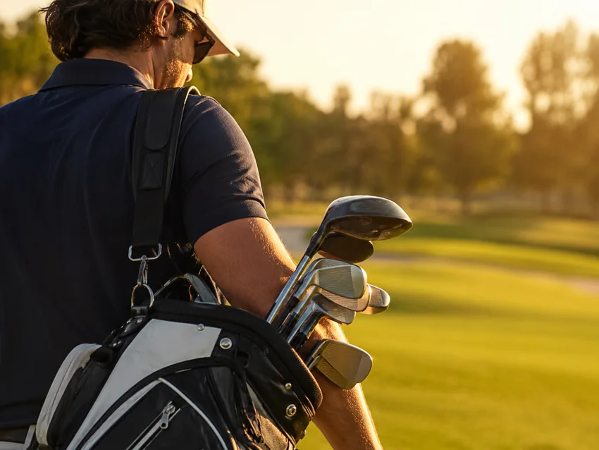 Golfer carrying a bag of golf clubs at sunset