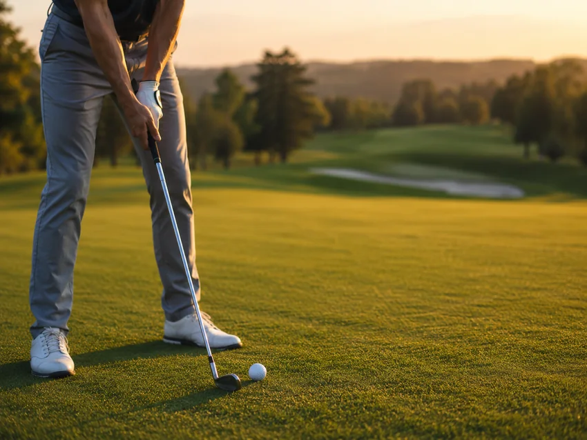 Golf iron and ball on grass