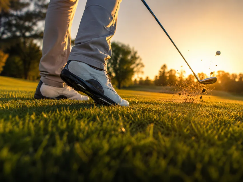 Golfer striking a ball at sunset