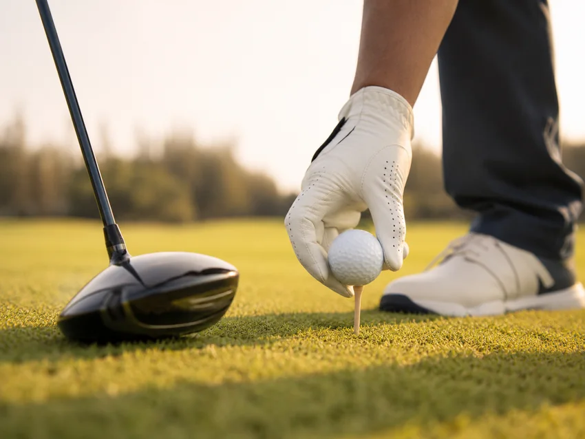 Golfer placing a ball on a tee beside a driver
