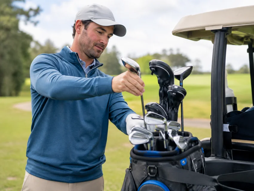 Golfer choosing a club from a golf bag