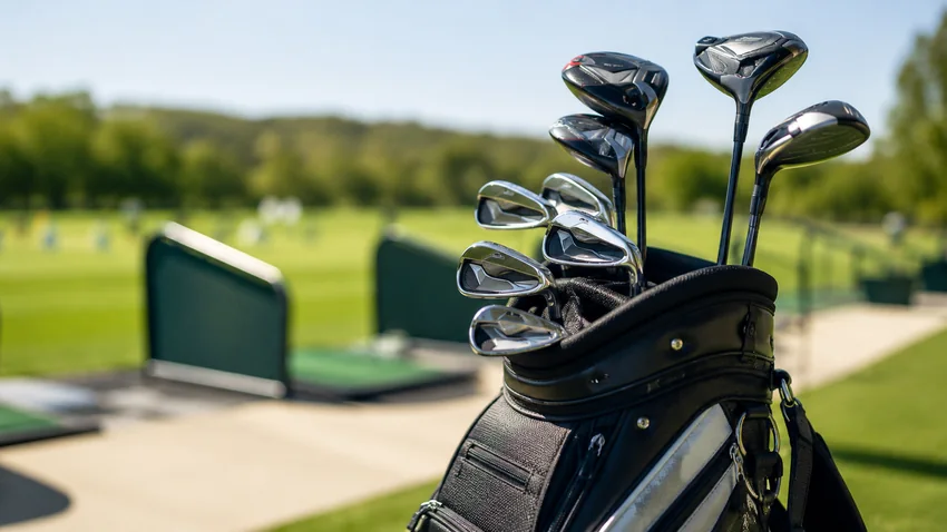 Golf bag beside a golfer putting on a practice green
