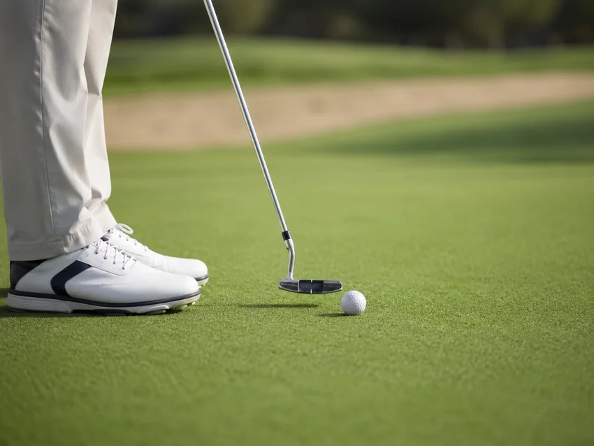 Golf driver and yellow ball set on a tee