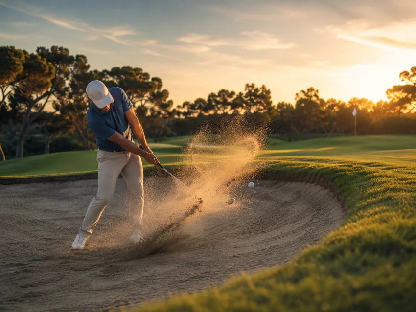 Golfer hitting a bunker shot at sunset