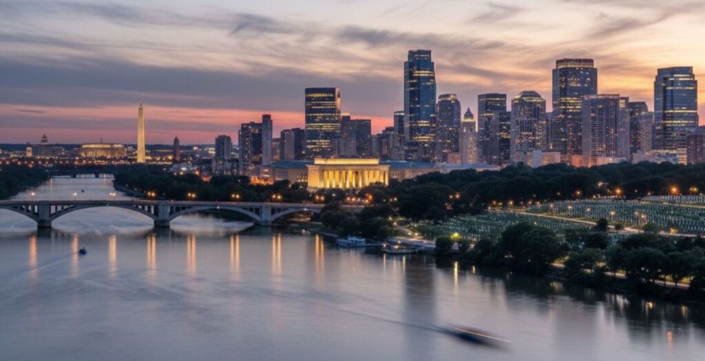 A city skyline at sunset with tall buildings, a river in the foreground, a bridge crossing the water, and a park with rows of trees on the right.