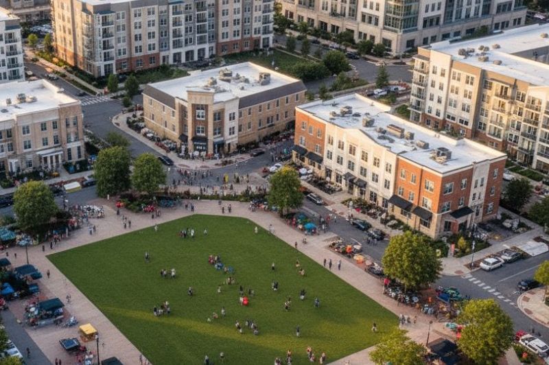 Aerial view of a city park with people scattered on a grassy area, surrounded by mid-rise apartment buildings and streets with parked cars.