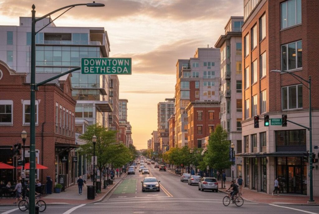 A city street in downtown Bethesda at sunset, lined with modern buildings, shops, pedestrians, cyclists, and a visible street sign reading "Downtown Bethesda.