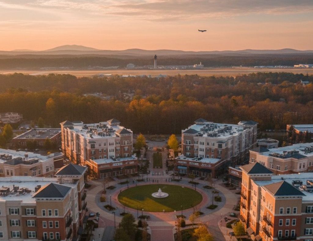 Aerial view of a residential complex with a central circular green space, surrounded by mid-rise buildings, with mountains and an airplane in the background at sunset.