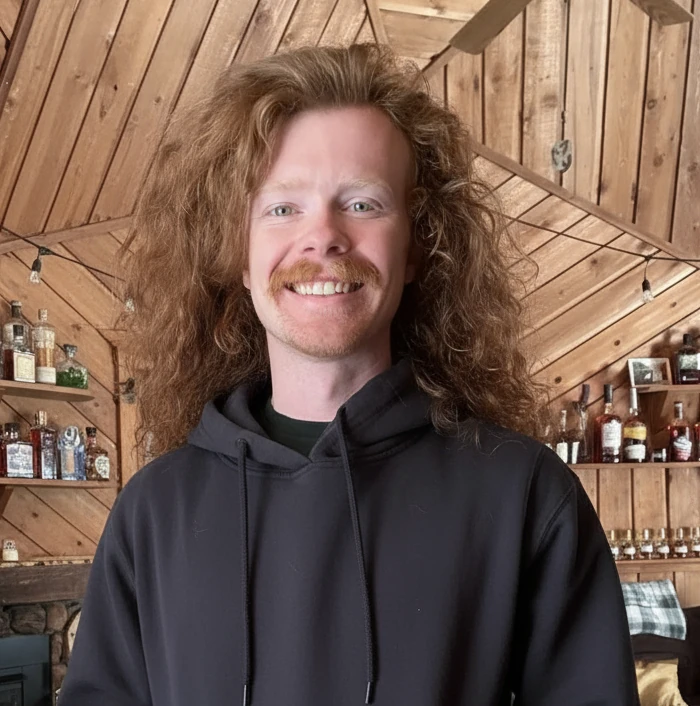 A person with long curly hair and a mustache, wearing a black hoodie, stands indoors in front of wooden walls and shelves with bottles.