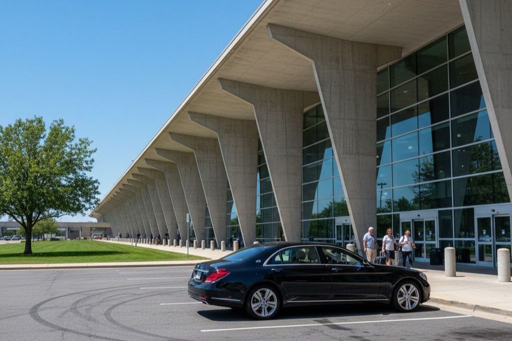 A black car is parked outside a large, modern building with tall angled columns and glass windows. Several people stand near the entrance.