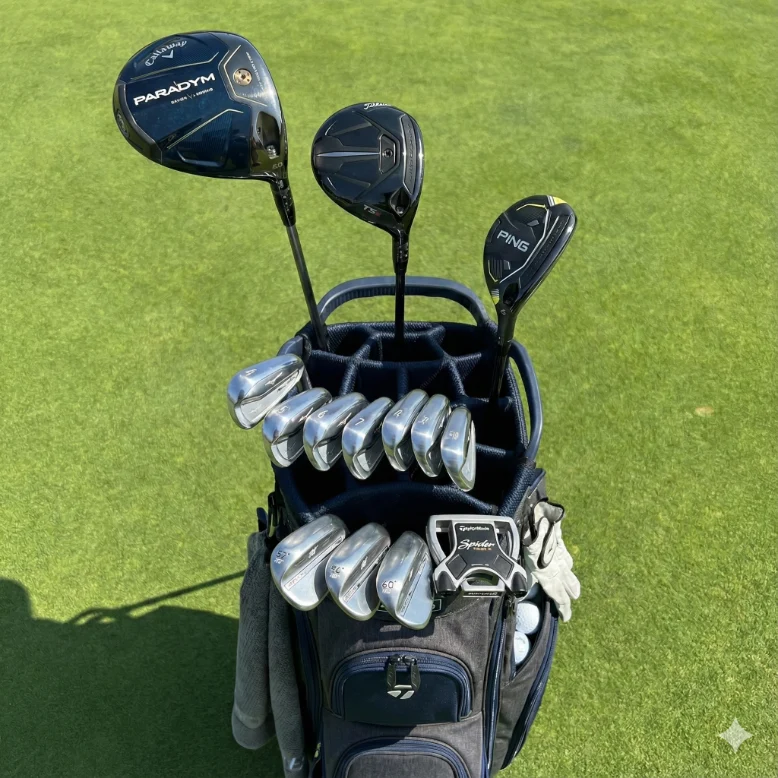 A golf bag on grass containing various clubs including drivers, irons, and a putter neatly organized in separate compartments.