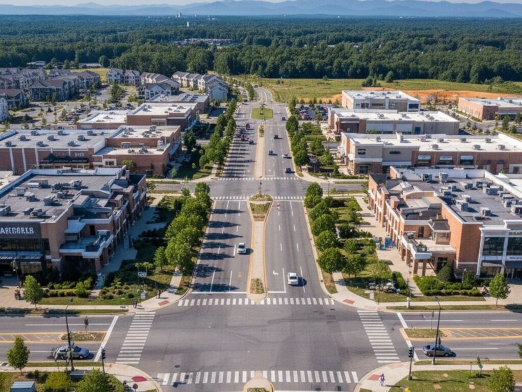 Aerial view of a wide, tree-lined boulevard with crosswalks, surrounded by modern buildings, parking lots, and green spaces, with mountains visible in the distance.