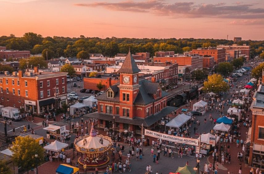 Aerial view of a busy town square with a clock tower, carousel, festival booths, and crowds during sunset.