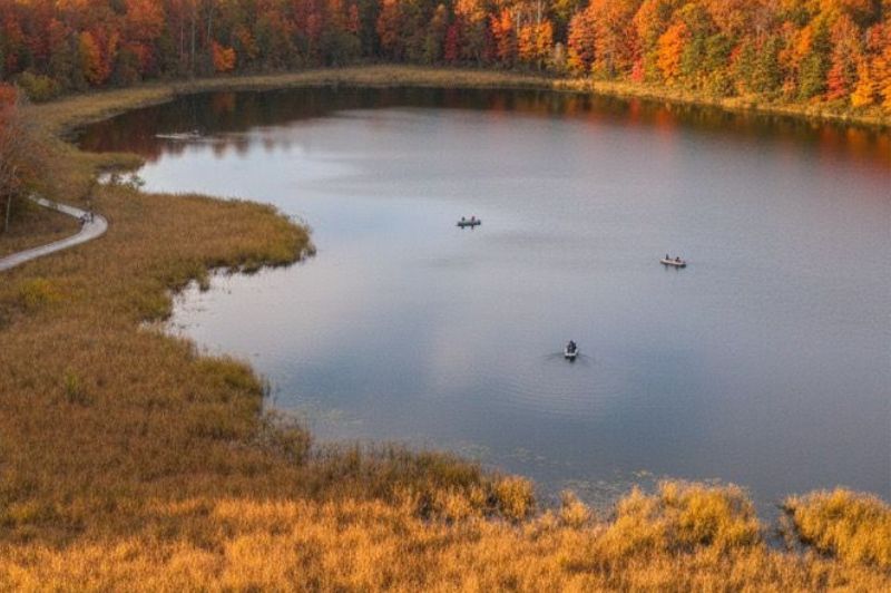A lake surrounded by autumn trees with three small boats floating on the water and tall grass lining the shore.