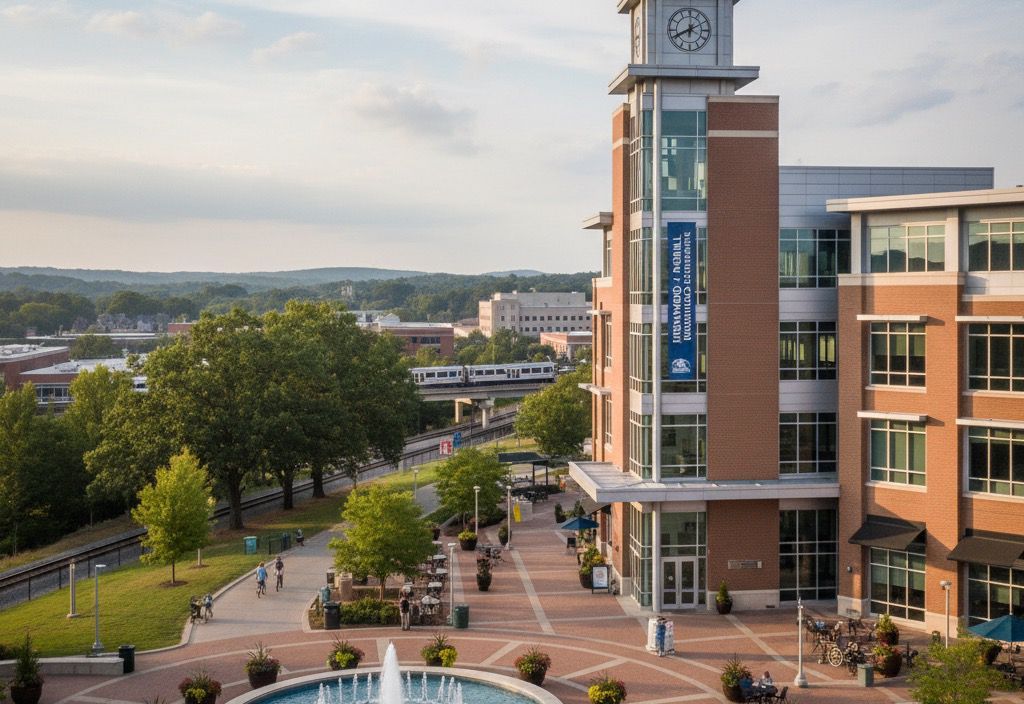 A brick campus building with a clock tower overlooks a plaza with a fountain, trees, walkways, and people walking on a sunny day.