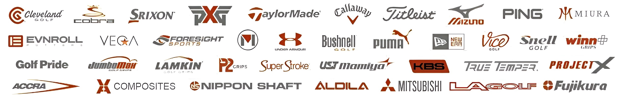 A collection of various golf brand logos displayed in rows on a white background.