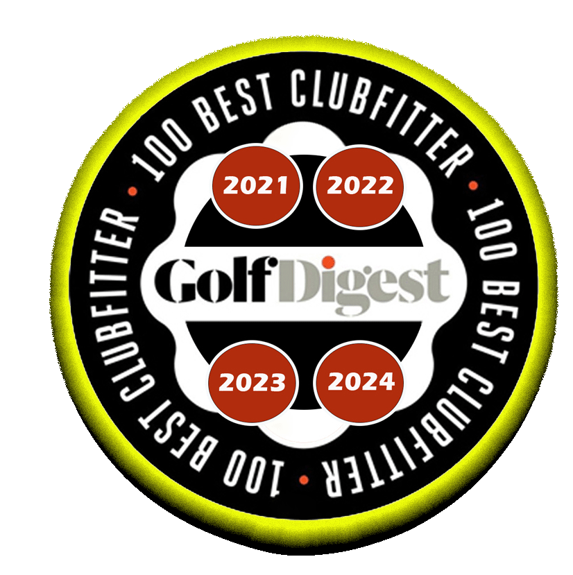 A circular badge reads "Golf Digest 100 Best Clubfitter" with the years 2021, 2022, 2023, and 2024 displayed inside four red circles on the badge.