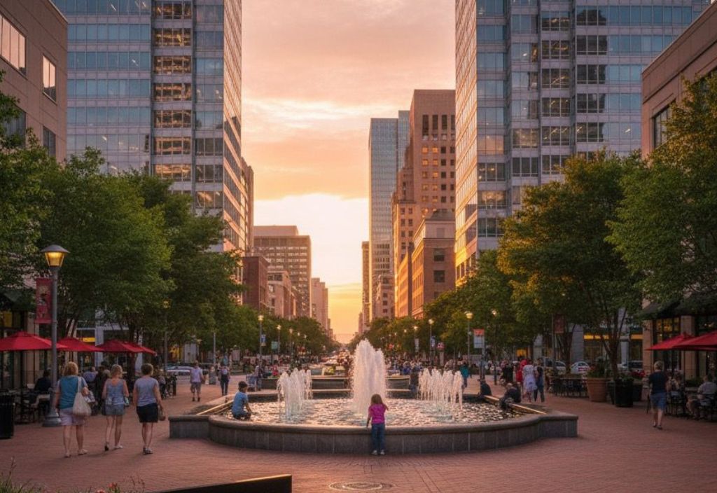 People walk near a central fountain on a brick plaza surrounded by tall buildings and trees at sunset in an urban area.