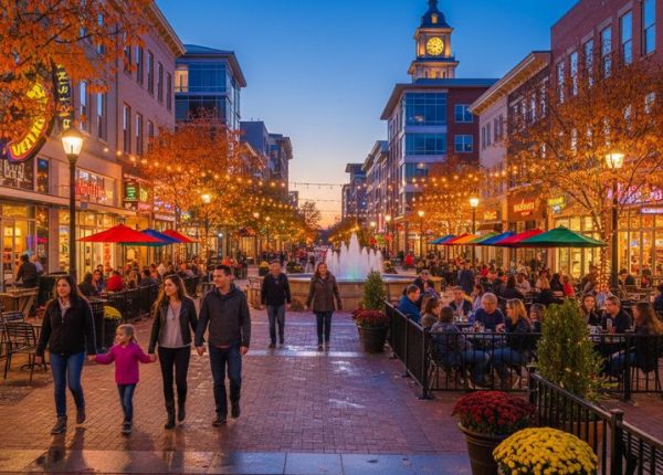 People walk and dine at outdoor restaurants along a lively, well-lit pedestrian street with autumn trees and a central fountain at dusk.