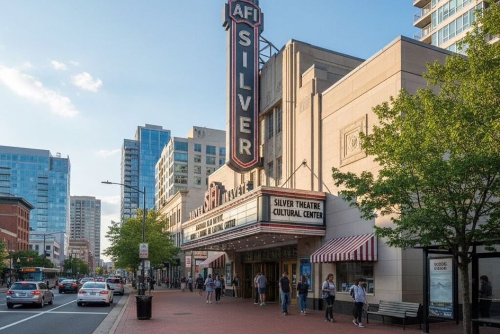Street view of the AFI Silver Theatre and Cultural Center with people walking on the sidewalk and cars driving by, surrounded by tall buildings and trees.