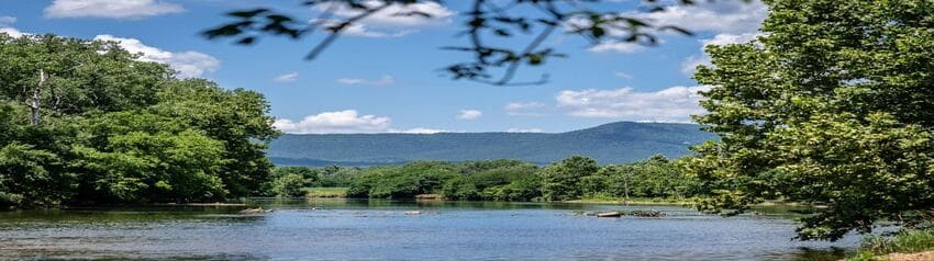 A calm river flows between green trees under a blue sky with scattered clouds, with distant mountains in the background.