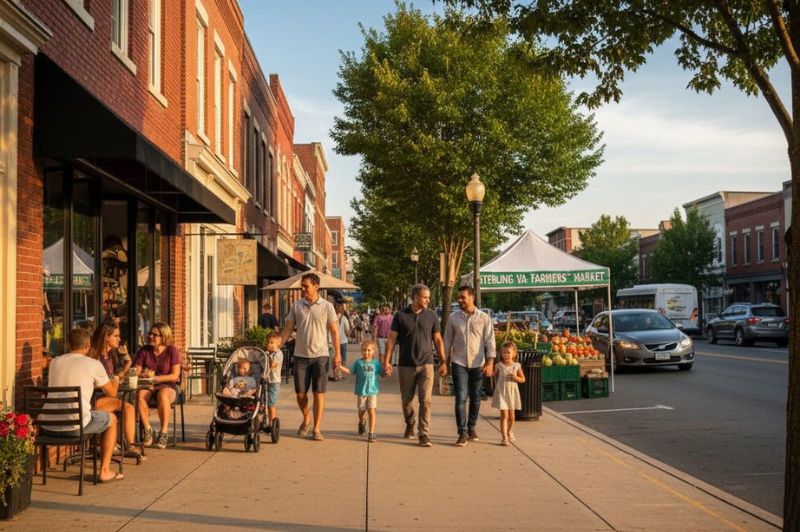 People walk along a sunny sidewalk in a downtown area with shops, a farmers market stand, and parked cars visible.