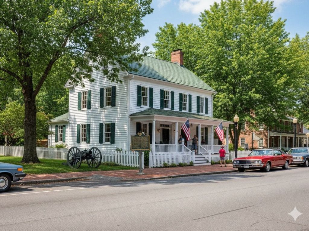 A white two-story historic house with green shutters, two American flags, a cannon, and vintage cars parked along a tree-lined street.
