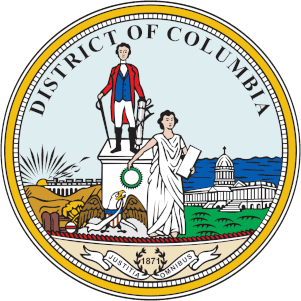 The seal of the District of Columbia featuring two figures, the U.S. Capitol, an eagle, and a rising sun, with the motto “Justitia Omnibus” and the year 1871.
