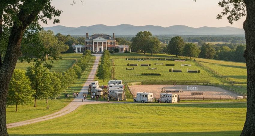 Large estate with a mansion, fenced horse arena, several horse trailers, and people on a green lawn with distant mountains in the background.