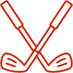 Red outline of two golf clubs crossed over each other on a light background.