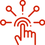 Red line drawing of a hand with an extended index finger touching a central point, with five lines radiating outward, each ending in a circle.
