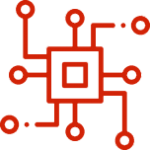 Red line drawing of a microchip with circuit lines extending outward, symbolizing technology or electronics.