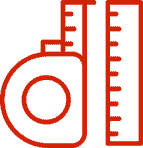 Red icon of a tape measure and a ruler standing upright, both featuring measurement markings, on a light background.