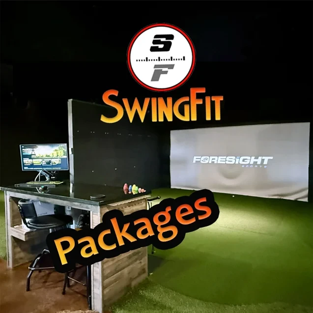 SwingFit indoor golf simulator with the SwingFit logo and Packages lettering.
