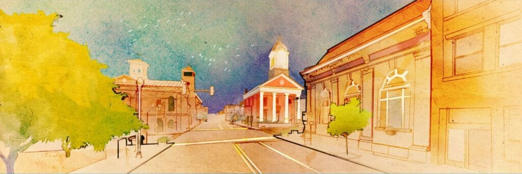 Watercolor illustration of a small-town street with historic buildings, a clock tower, and a courthouse with columns under a blue sky.