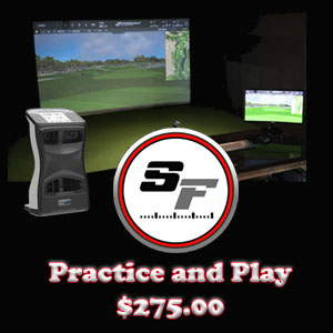 Golf simulator setup with virtual course on screen, monitor, and control device; “Practice and Play $275.00” text and "SF" logo in the center.