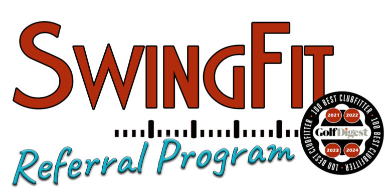 Logo for SwingFit Referral Program with a badge showing Golf Digest "100 Best Clubfitter" awards for 2021, 2022, 2023, and 2024.