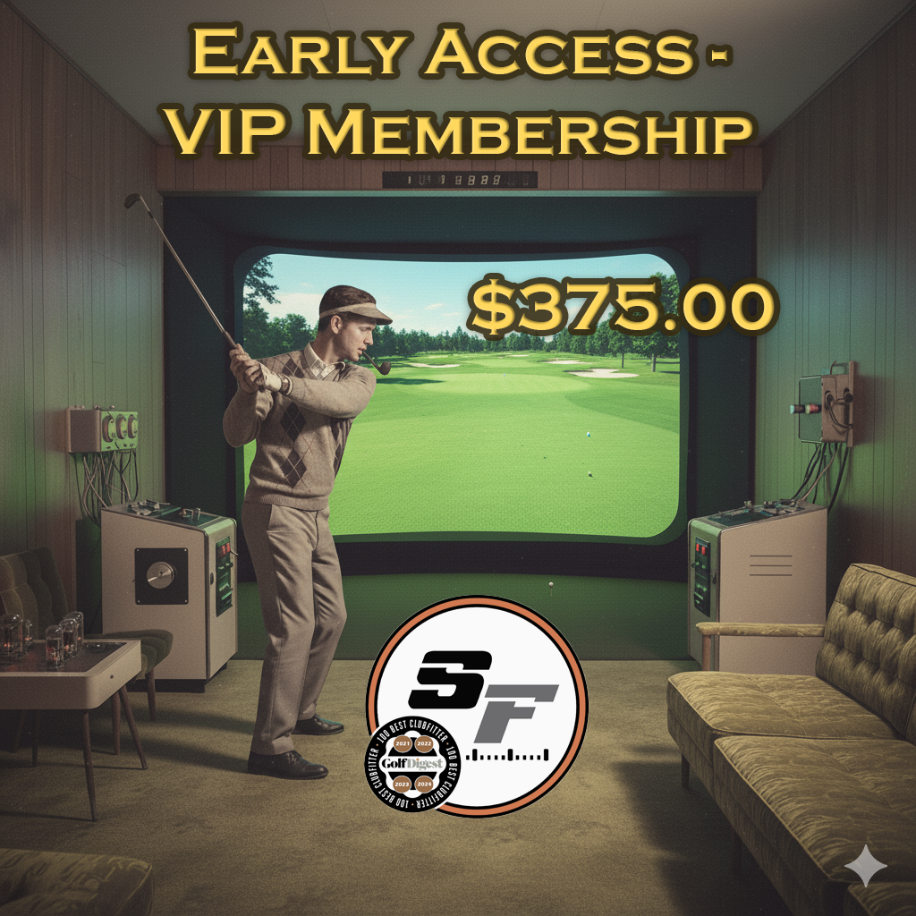 A man plays virtual golf in a retro-style room. Text reads "Early Access - VIP Membership $375.00" with logos at the bottom.
