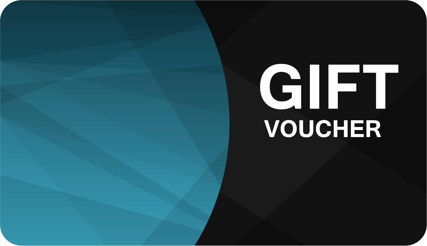 A rectangular gift voucher card with a blue geometric design on the left and the words "GIFT VOUCHER" in bold white text on a black background on the right.