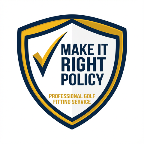 A shield-shaped logo with a gold checkmark and the text "MAKE IT RIGHT POLICY" above "PROFESSIONAL GOLF FITTING SERVICE.