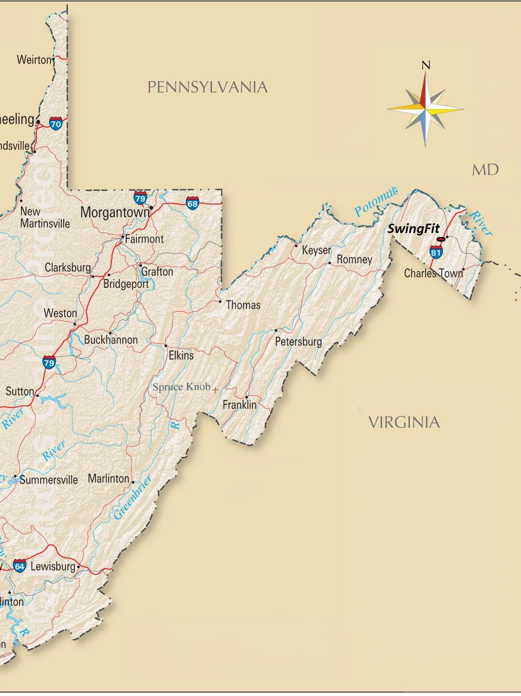 Map of West Virginia showing SwingFit in the Eastern Panhandle